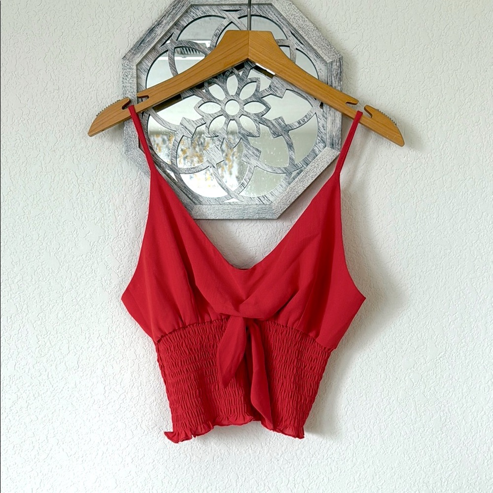 She + Sky • Red Smocked Bow Tie Front Camisole Tank Blouse with Adjustable Strap